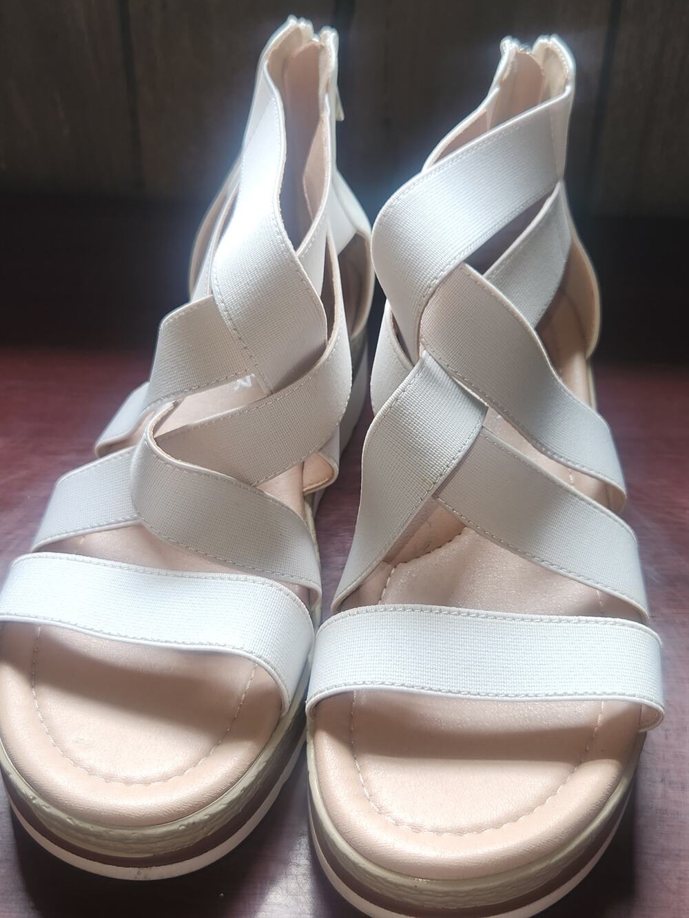 White Woven Wedge Sandals Crisscross Ankle Zip Women's Size 10